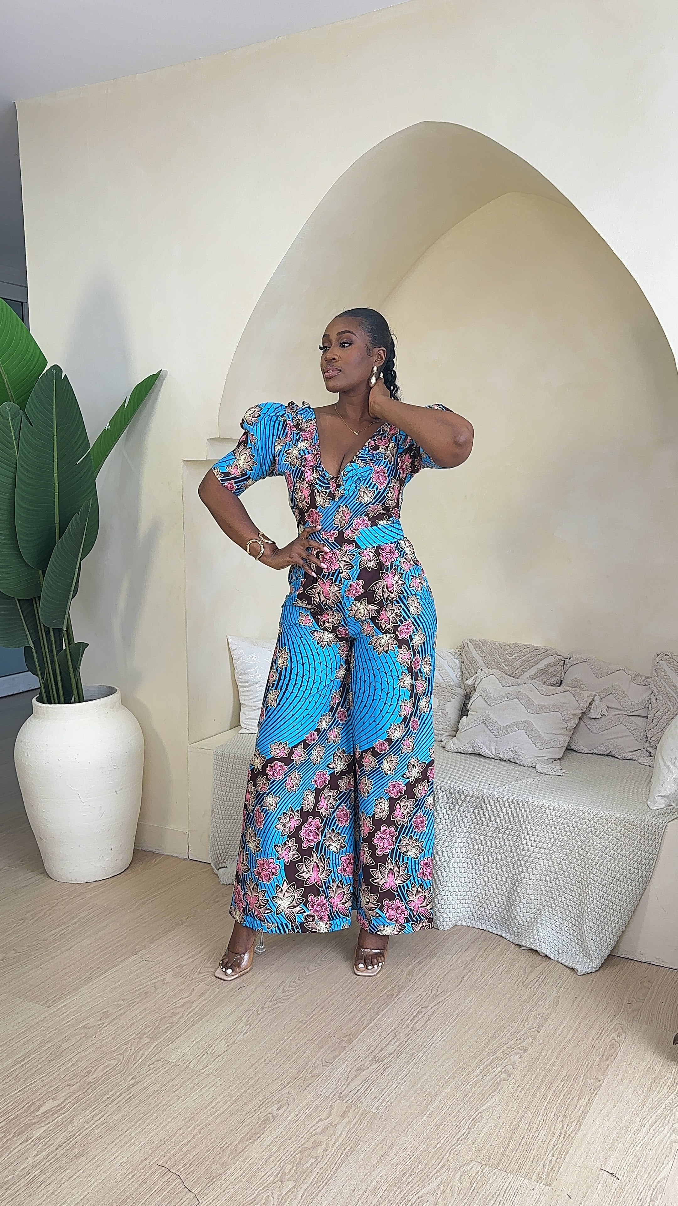 EKUA  AFRICAN PRINT RUFFLED V NECK WIDE LEG JUMPSUIT (Copy)