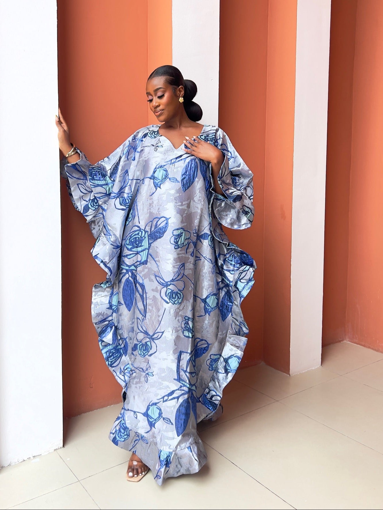 LUXURY HANDCRAFTED KAFTAN BOUBOU IN BLUE & SILVER FLORAL PREMIUM BROCADE - MARIE