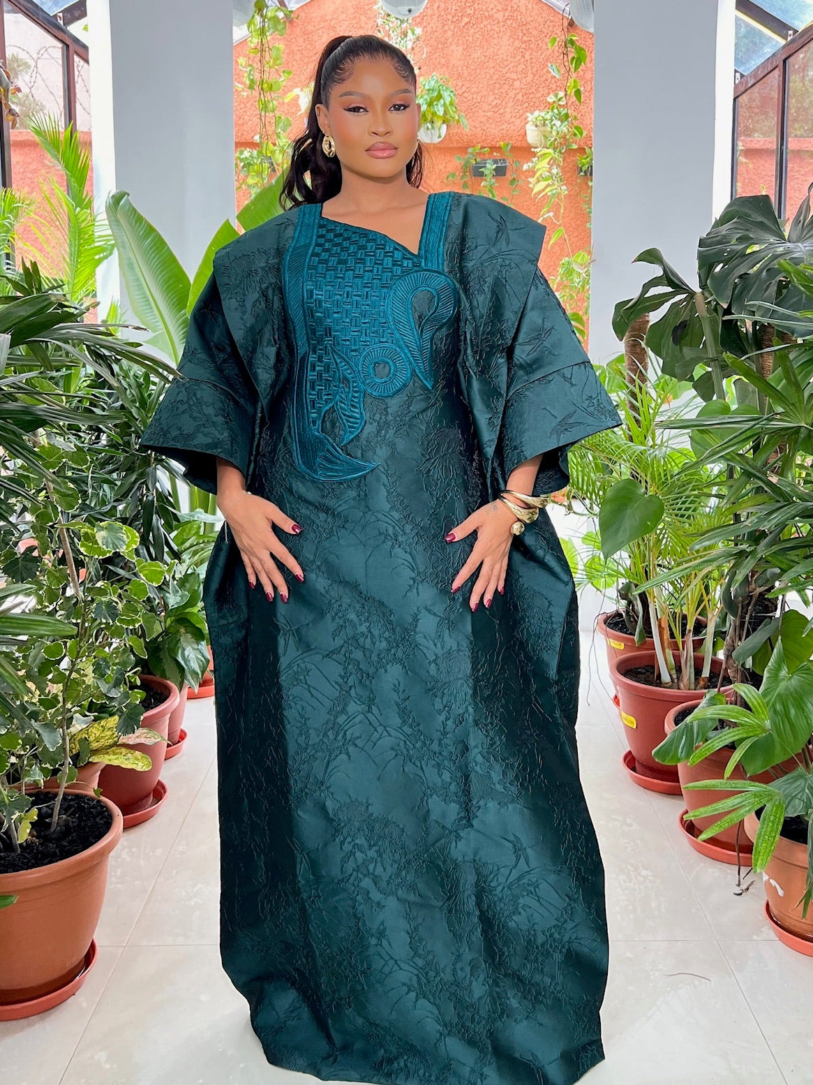 SEFINA LUXURY HANDMADE EMERALD GREEN BROCADE KAFTAN BOUBOU - REGAL ELEGANCE