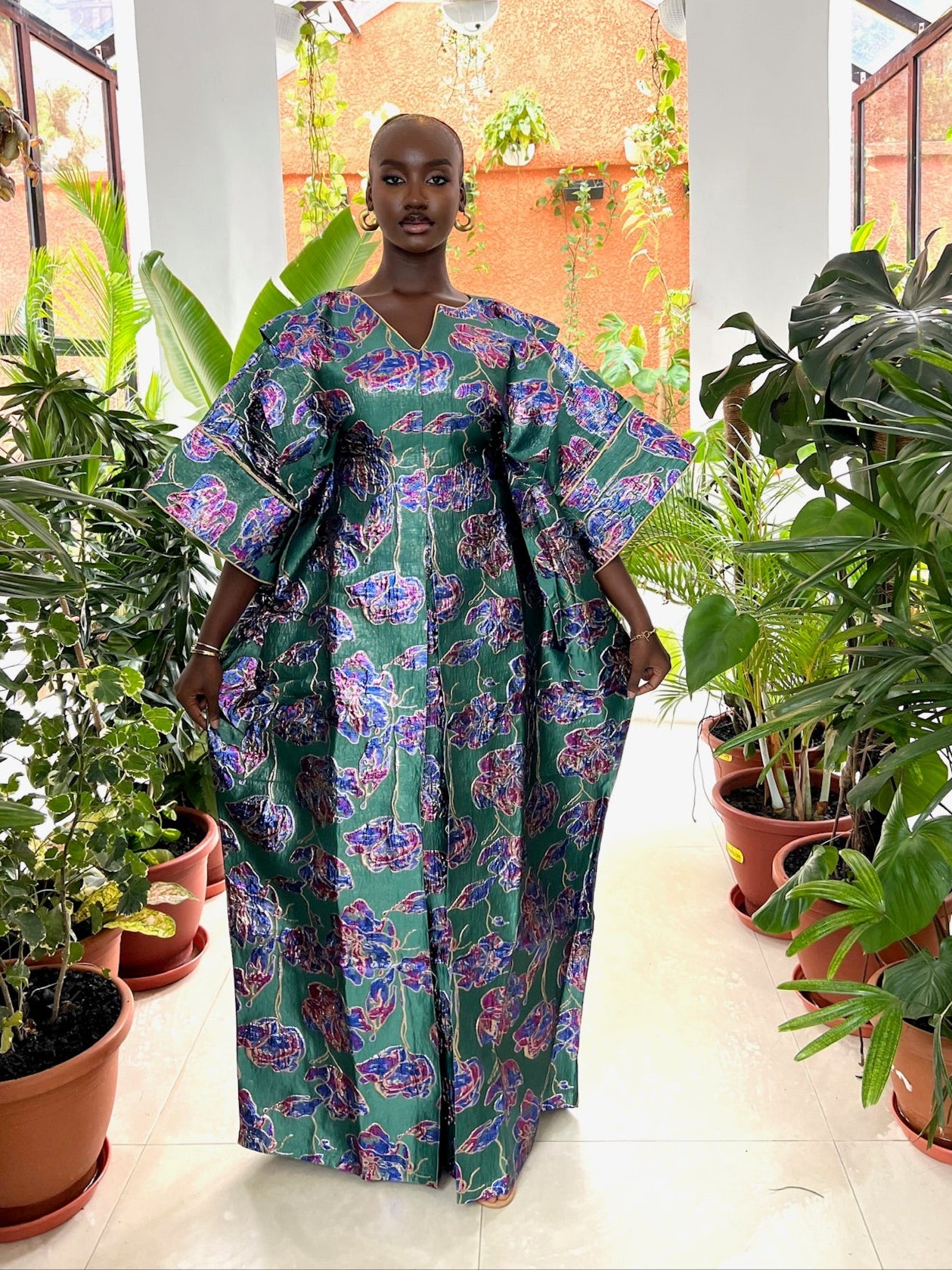 LUXURY HANDCRAFTED KAFTAN BOUBOU IN PREMIUM EMERALD GREEN BROCADE - MALIKA