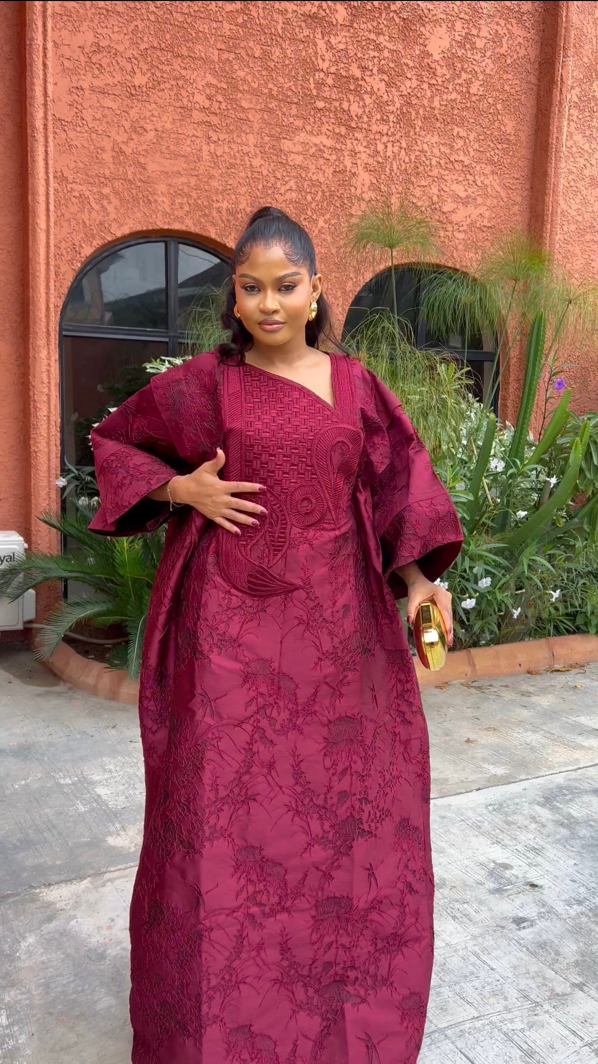 SEFINA LUXURY HANDMADE BURGUNDY BROCADE KAFTAN BOUBOU - REGAL ELEGANCE