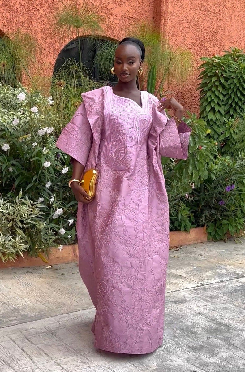 SEFINA LUXURY HANDMADE BLUSH ROSE PINK BROCADE KAFTAN BOUBOU - REGAL ELEGANCE