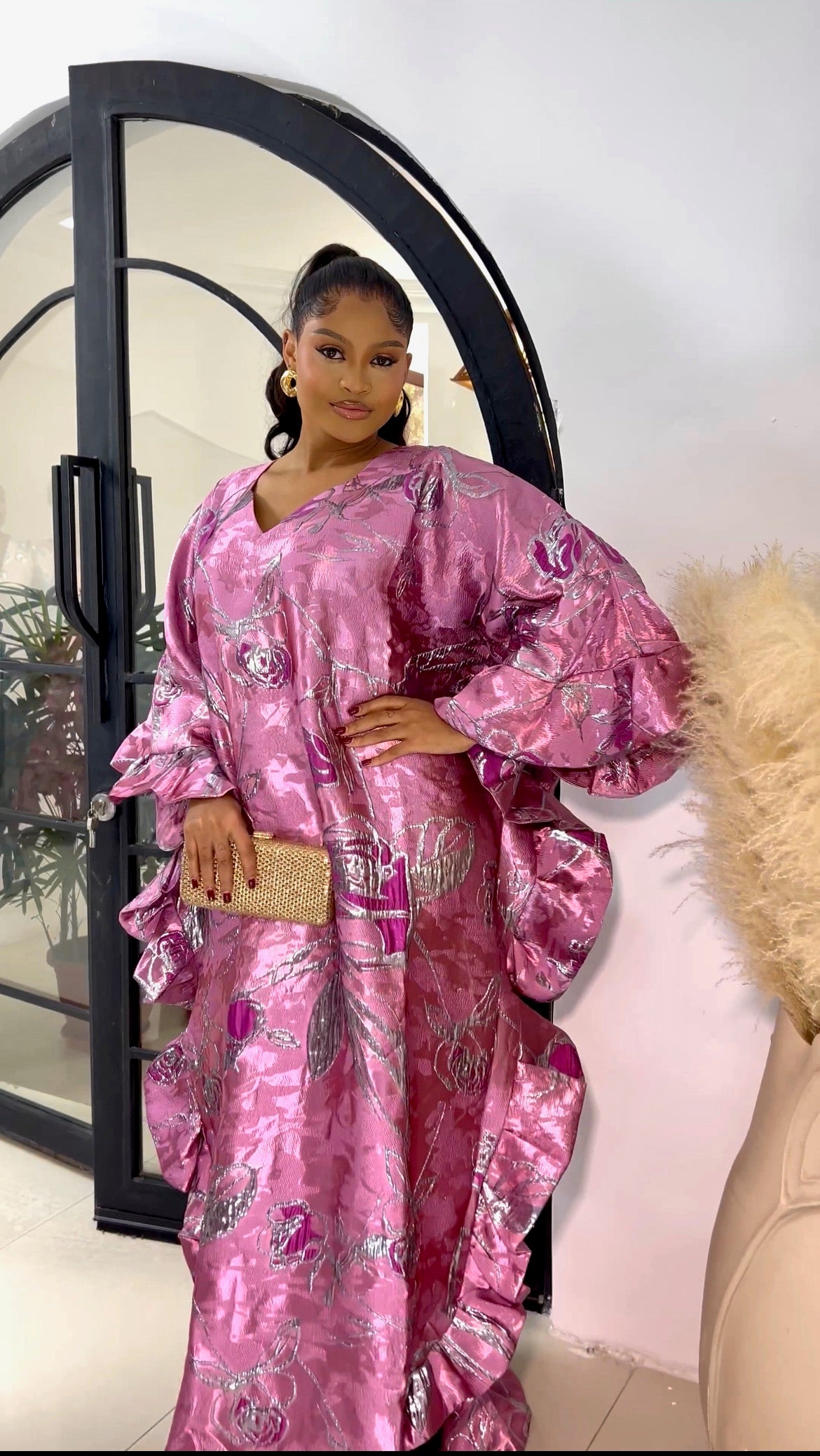 LUXURY HANDCRAFTED BLUSH PINK METALLIC KAFTAN BOUBOU IN PREMIUM BROCADE - MARIE