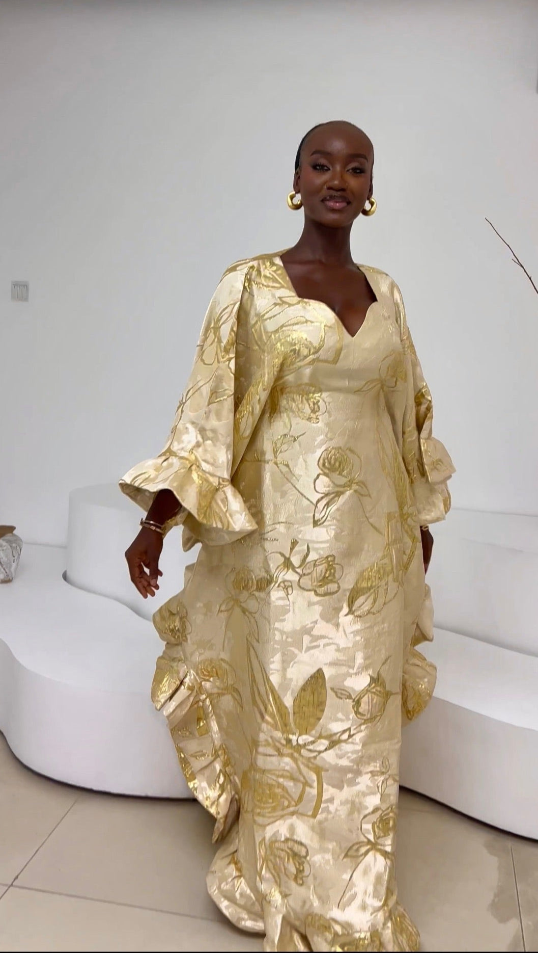 LUXURY HANDCRAFTED KAFTAN BOUBOU IN GOLDEN FLORAL PREMIUM BROCADE - MARIE