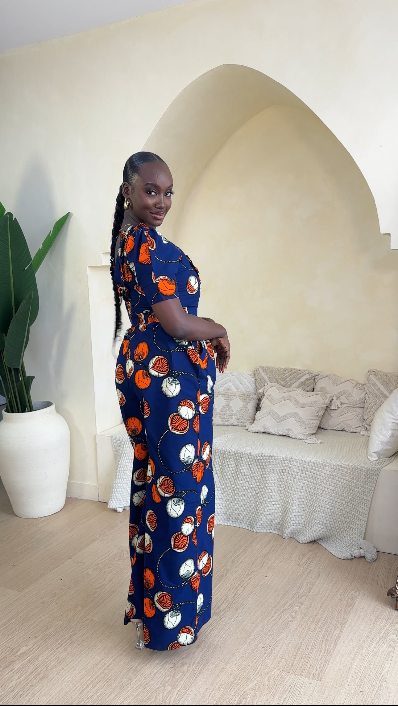 EKUA  AFRICAN PRINT RUFFLED V NECK WIDE LEG JUMPSUIT