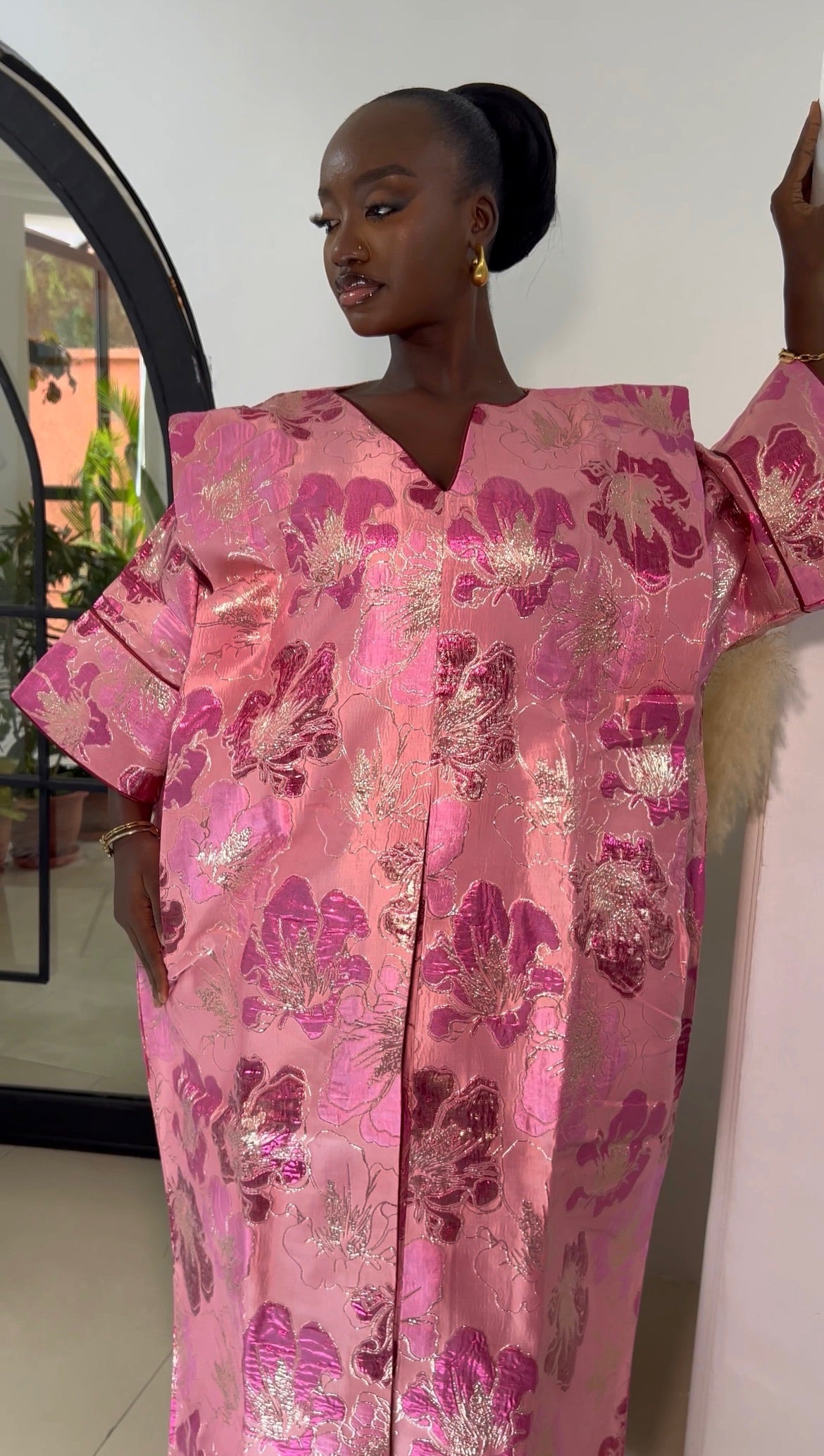 LUXURY HANDCRAFTED KAFTAN BOUBOU IN PREMIUM ROSE LUXE METALLIC BROCADE - MALIKA
