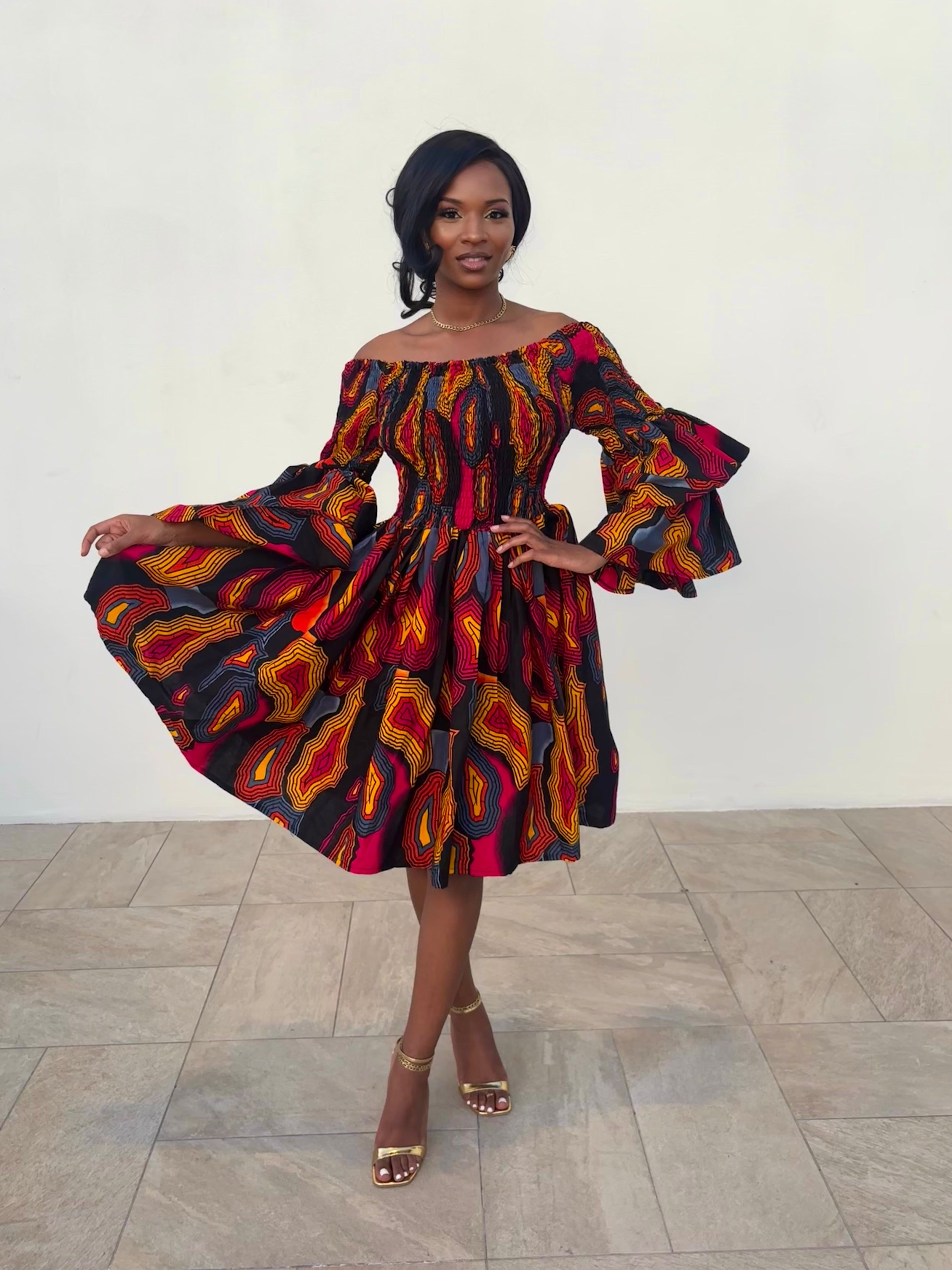 SEDONA WOMEN'S AFRICAN PRINT SMOCKED BODICE FLARED SLEEVE DRESS