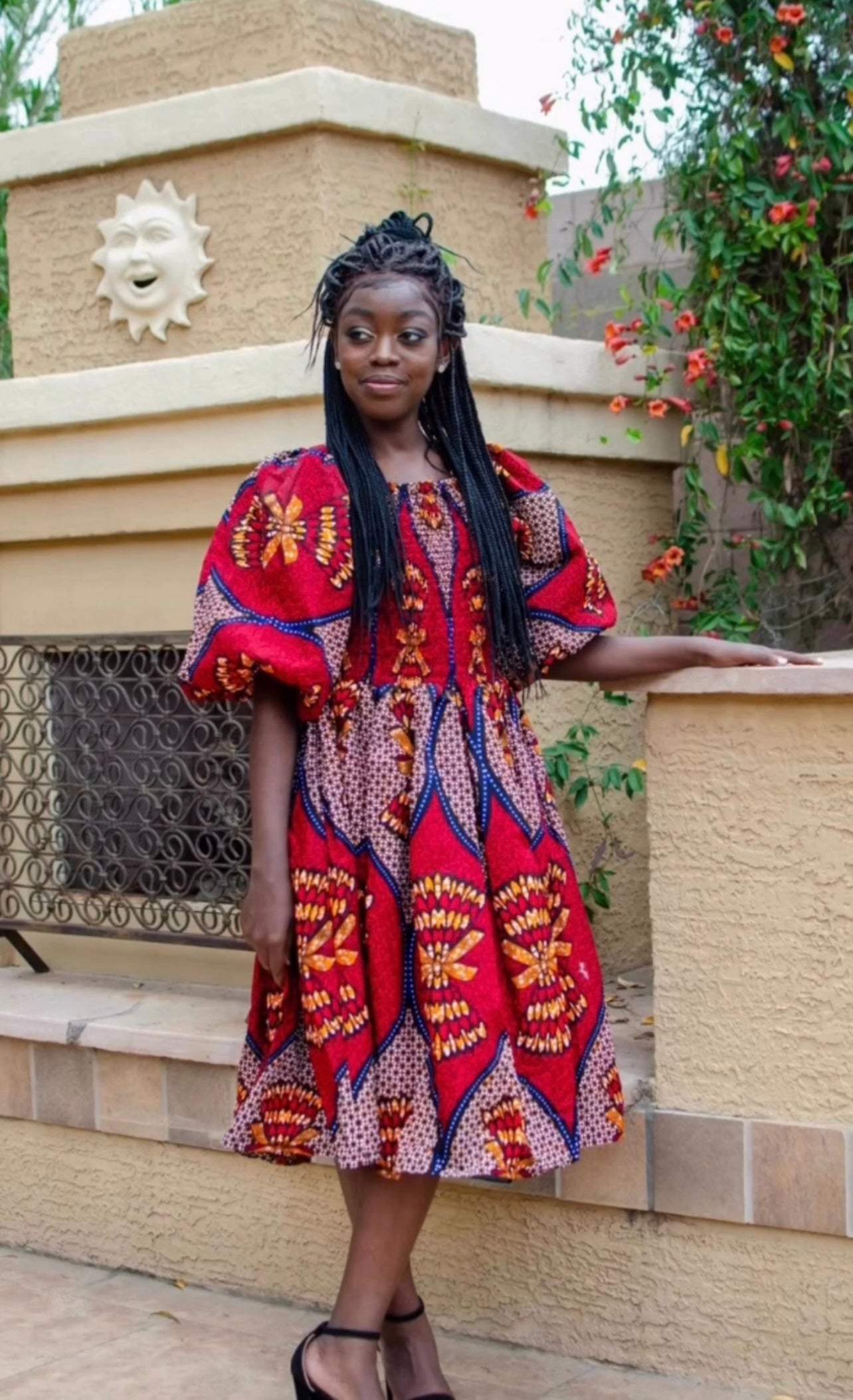 JOJO AFRICAN PRINT SMOCKED PUFF SLEEVE DRESS