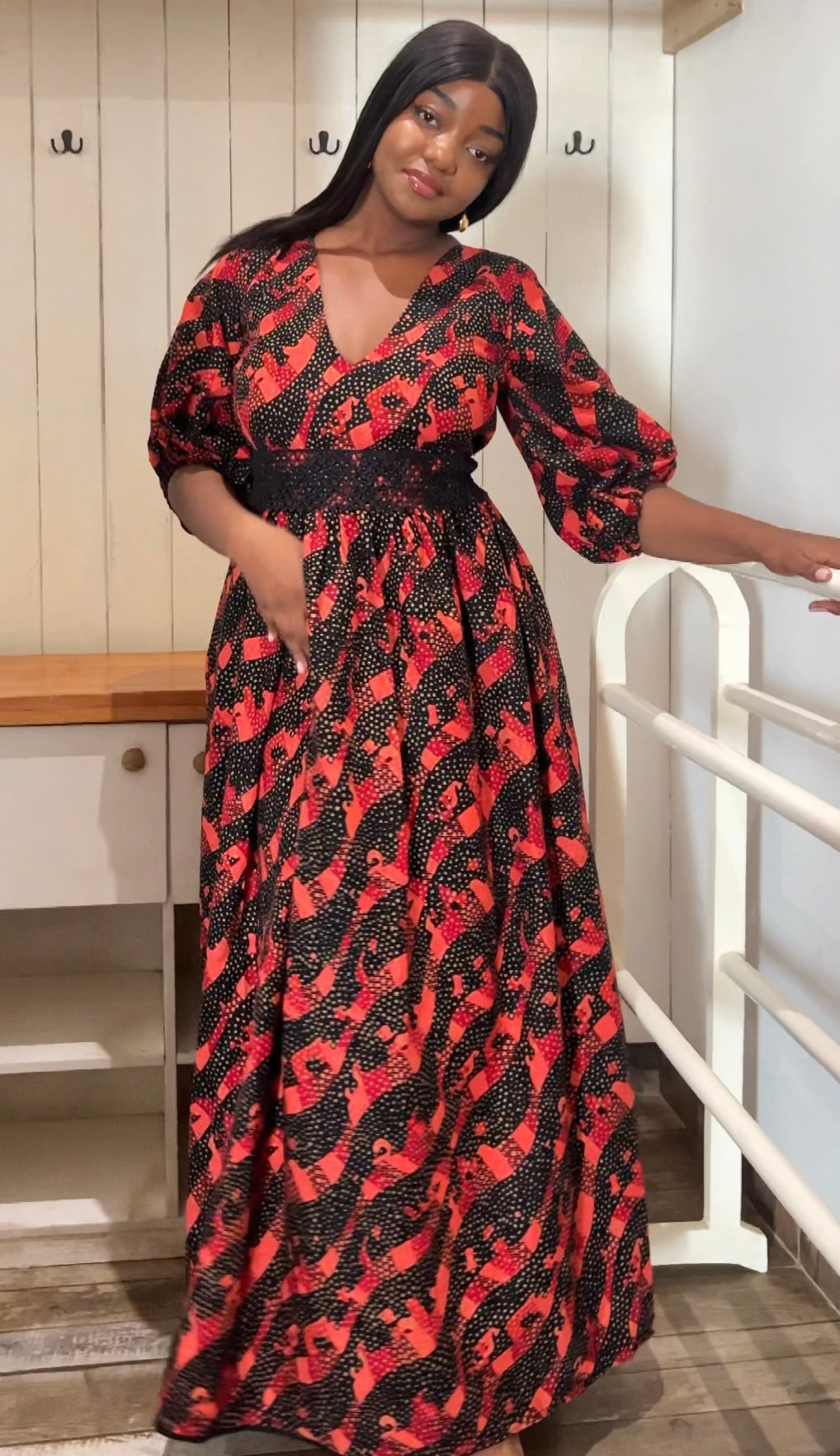 SERWAA Women's African Print Puff Sleeve Gown. African Wax Print Formal Dress. African Plus Size Dress. Ankara Patchwork Party Dress