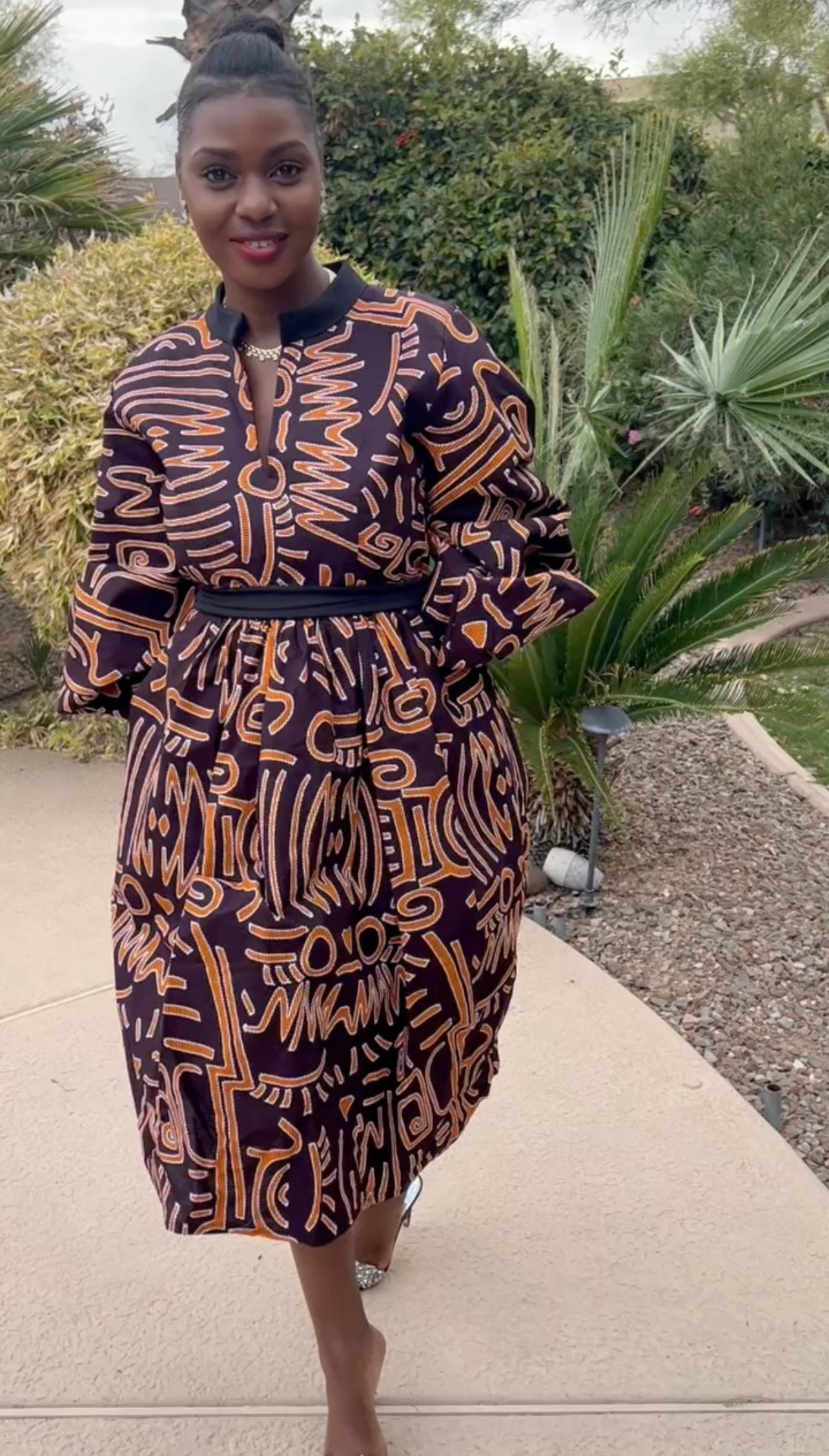 DARKOAA LONG PUFF SLEEVES AFRICAN TRIBAL PRINT MIDI DRESS