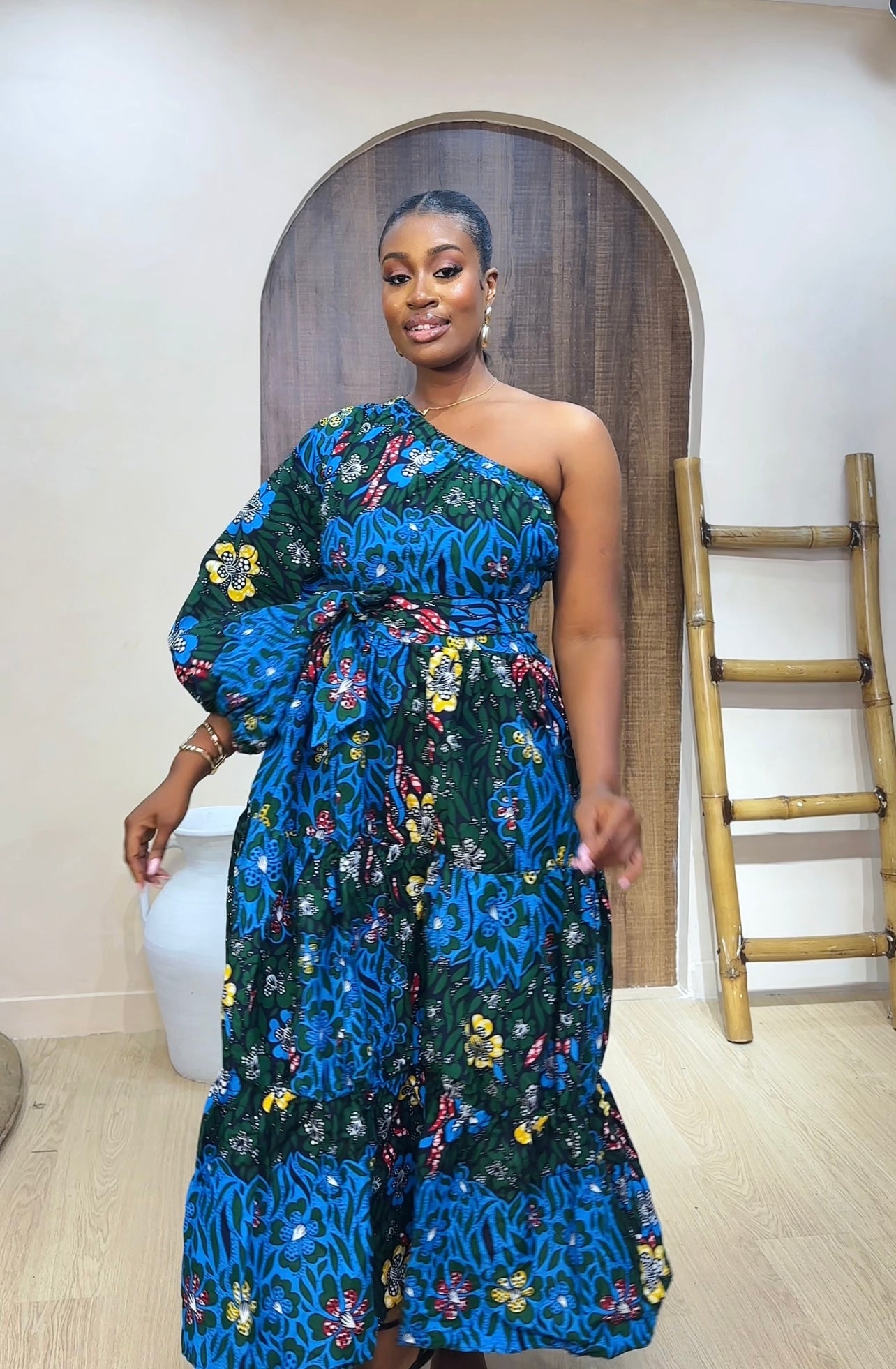 one shoulder african print dress Naija Regalia Elegance Green Orange One-Shoulder Cutout Ankara African Dupsie's African Fashion