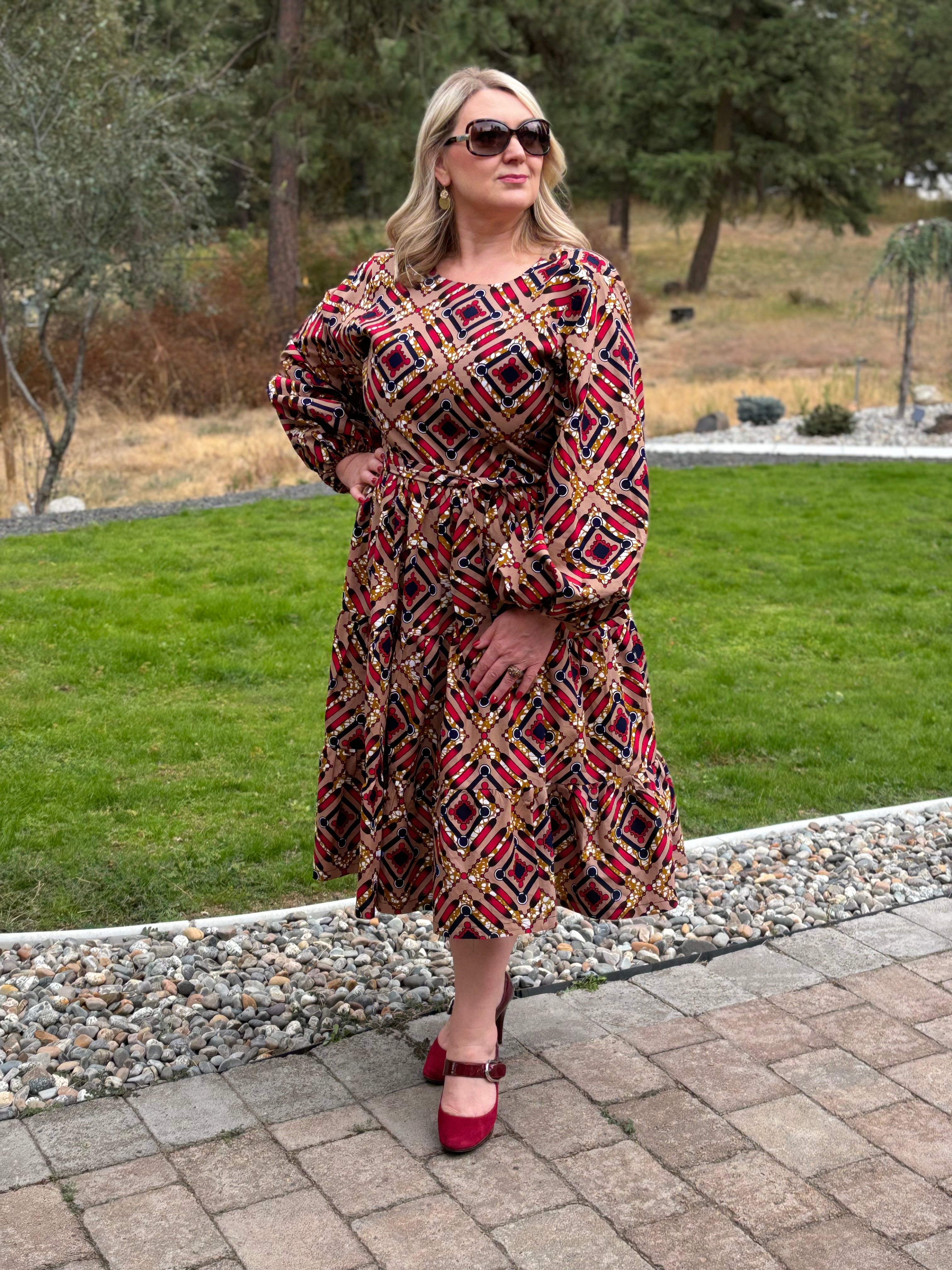 IMANI LONG PUFF SLEEVE AFRICAN PRINT MIDI DRESS