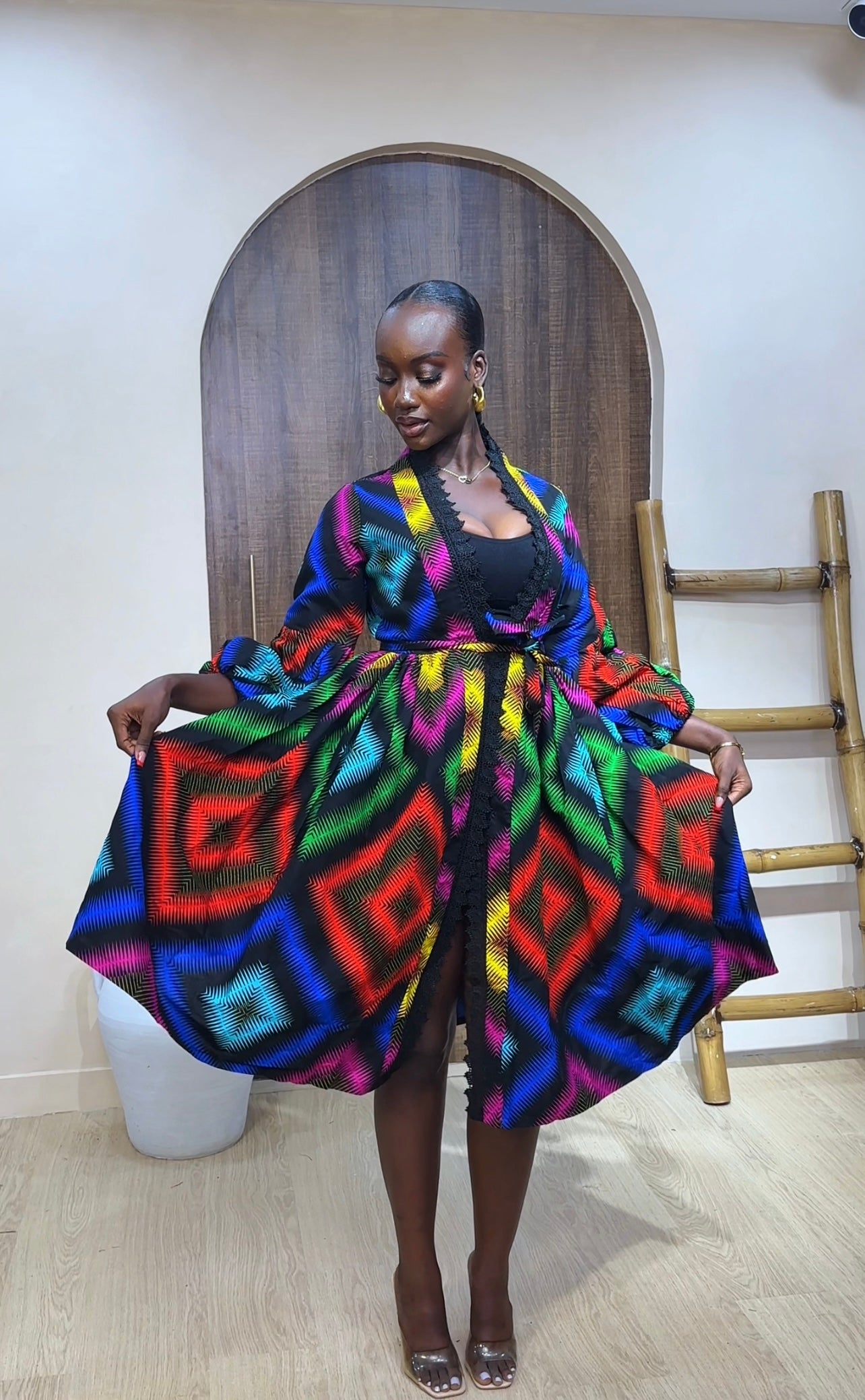 KOA AFRICAN PRINT PUFF SLEEVE SHORT KIMONO