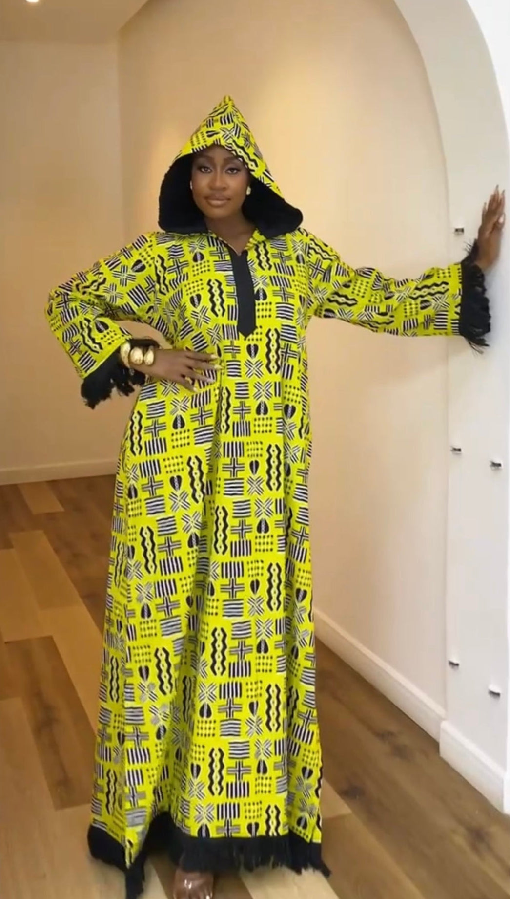 SIKA KAFTAN - GOLDEN YELLOW AFRICAN TRIBAL PRINT MAXI WITH ASOKE FRINGE