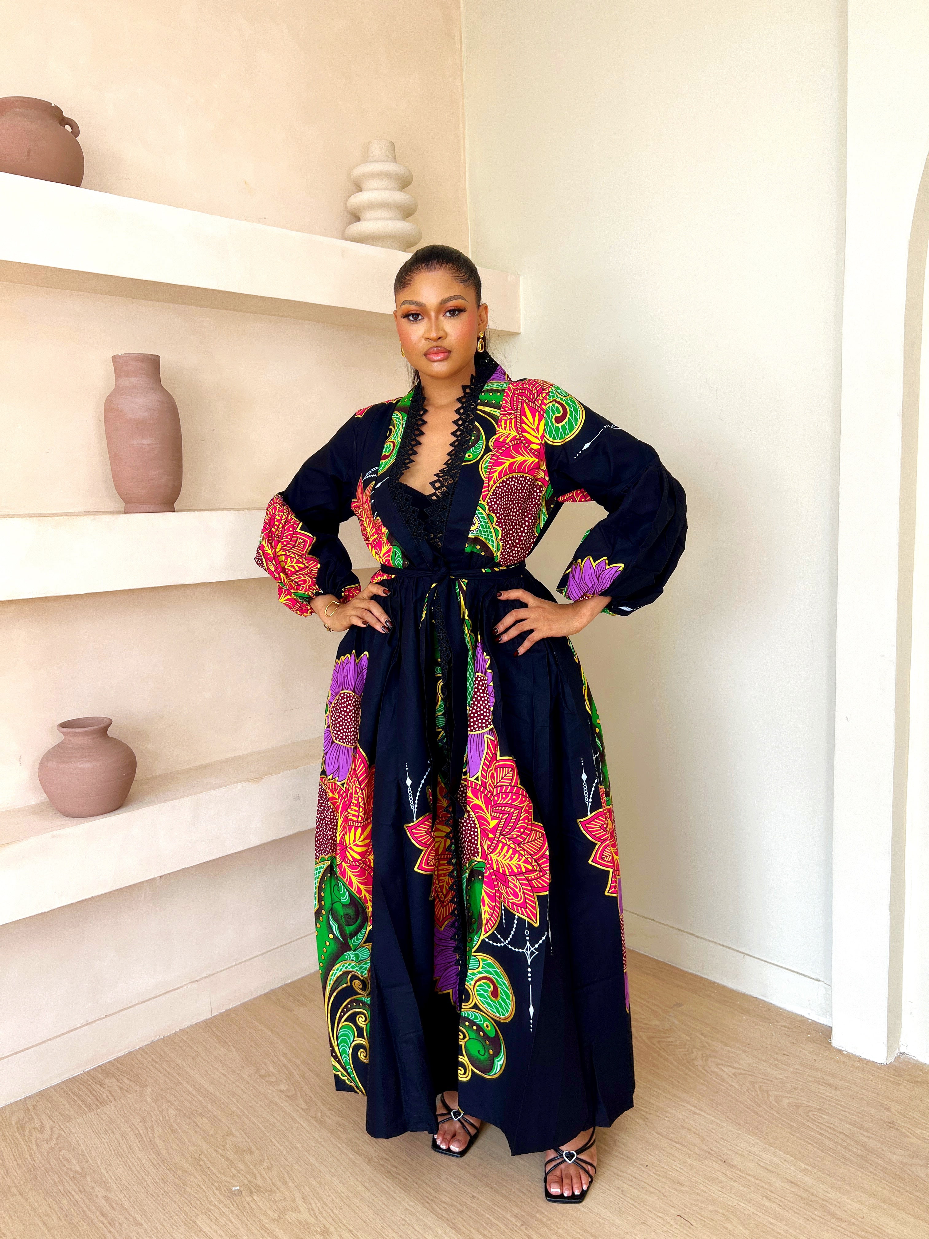 KOA AFRICAN ANKARA GOLD PRINT PUFF SLEEVE LONG KIMONO