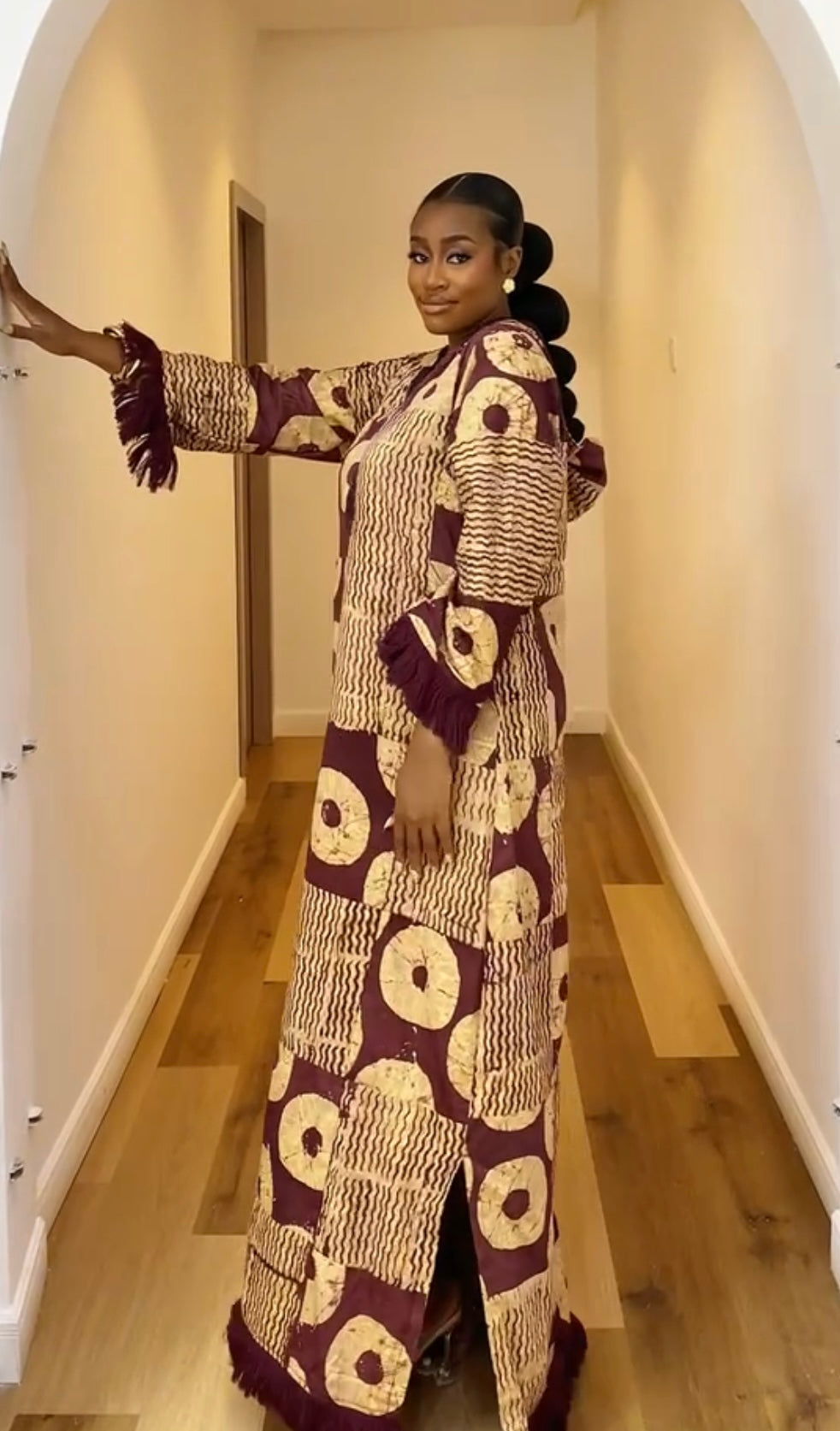 SIKA ADIRE PATCH KAFTAN  WITH ASO OKE FRINGE DETAIL- BURGUNDY GOLD