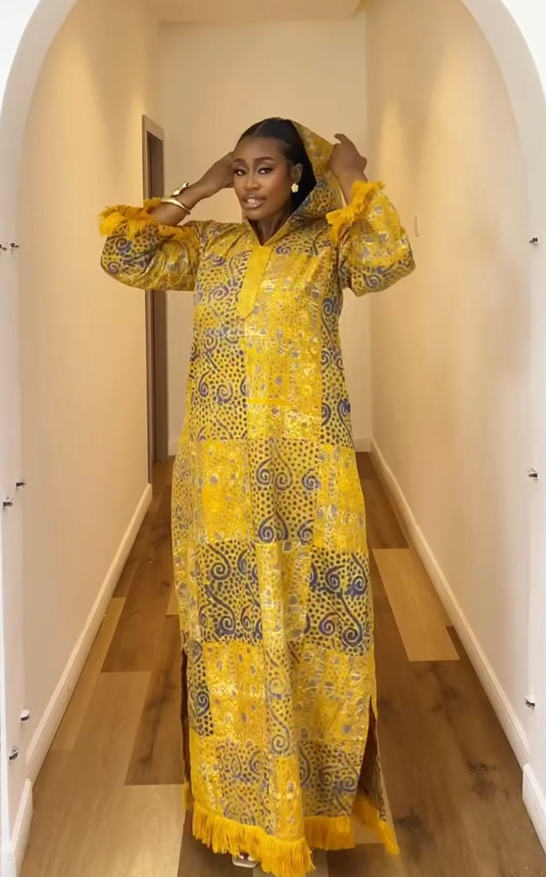 SIKA GOLDEN ADIRE PATCH KAFTAN WITH ASOKE FRINGE - LUXE AFRICAN MAXI