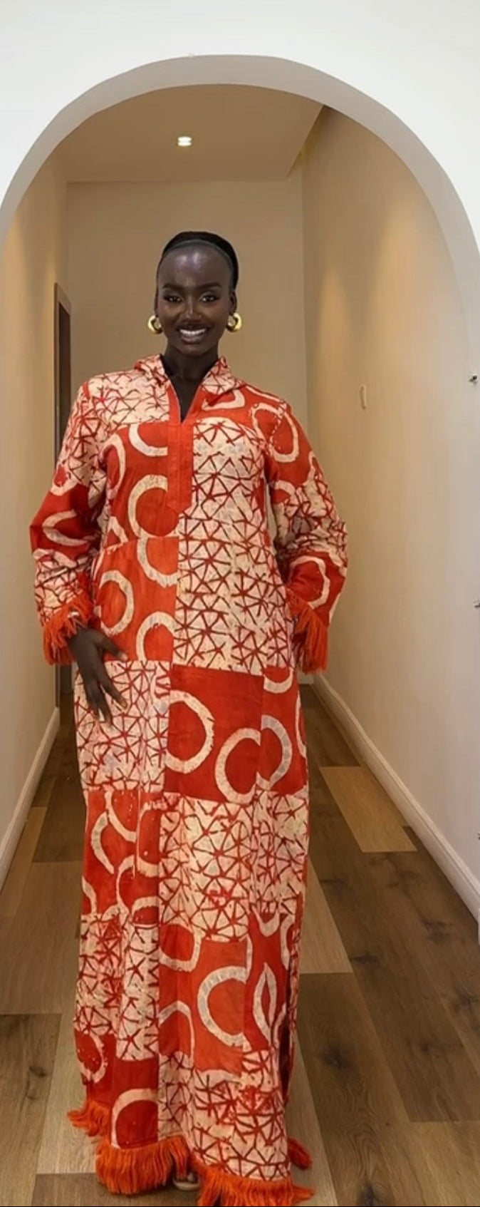 SIKA ADIRE PATCH KAFTAN - SUNSET FLAME WITH ASO OKE FRINGE - LUXE AFRICAN MAXI