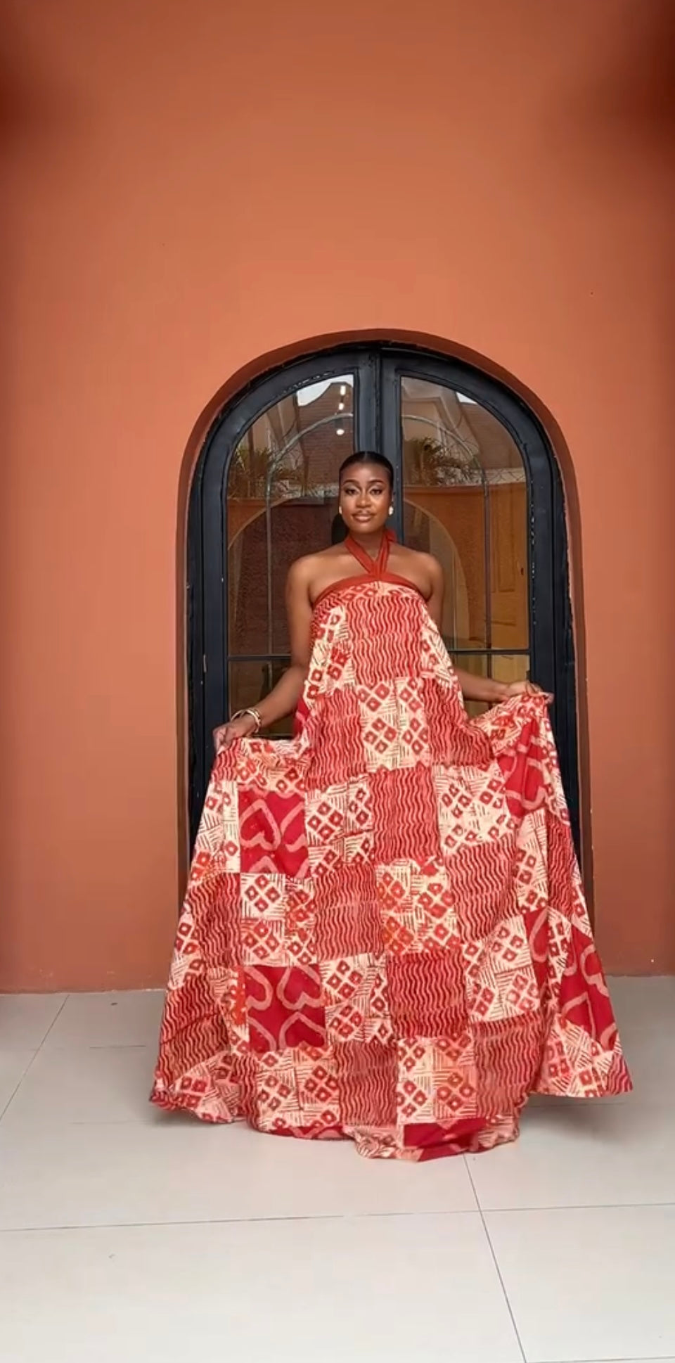 MORENIKE ADIRE HALTER MAXI DRESS – RUST ORANGE & CREAM HAND-DYED BEAUTYK