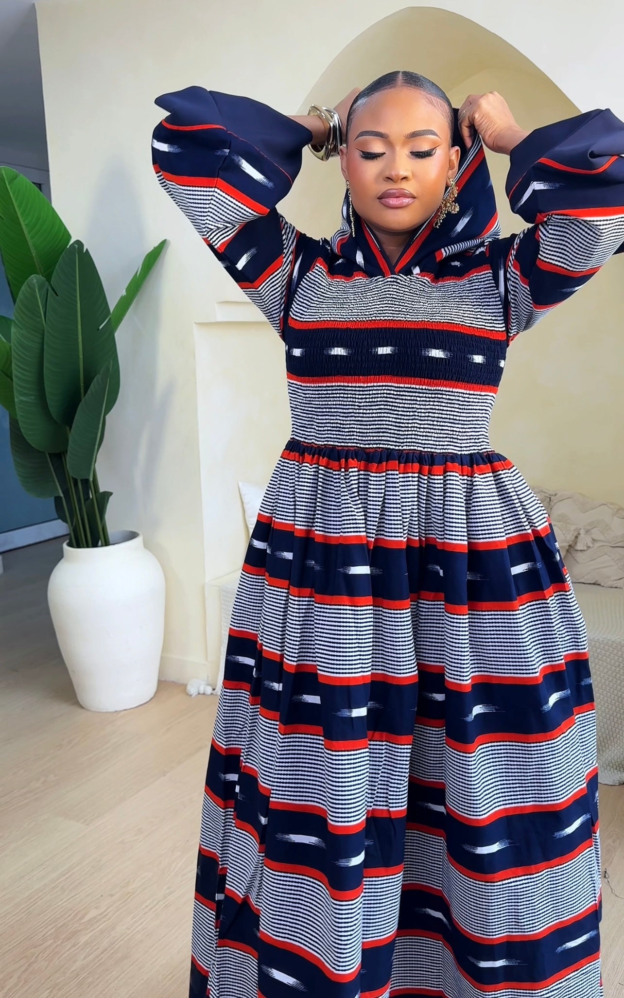 BOAHEMAA AFRICAN PRINT SMOCKED BODICE HOODIE KAFTAN DRESS