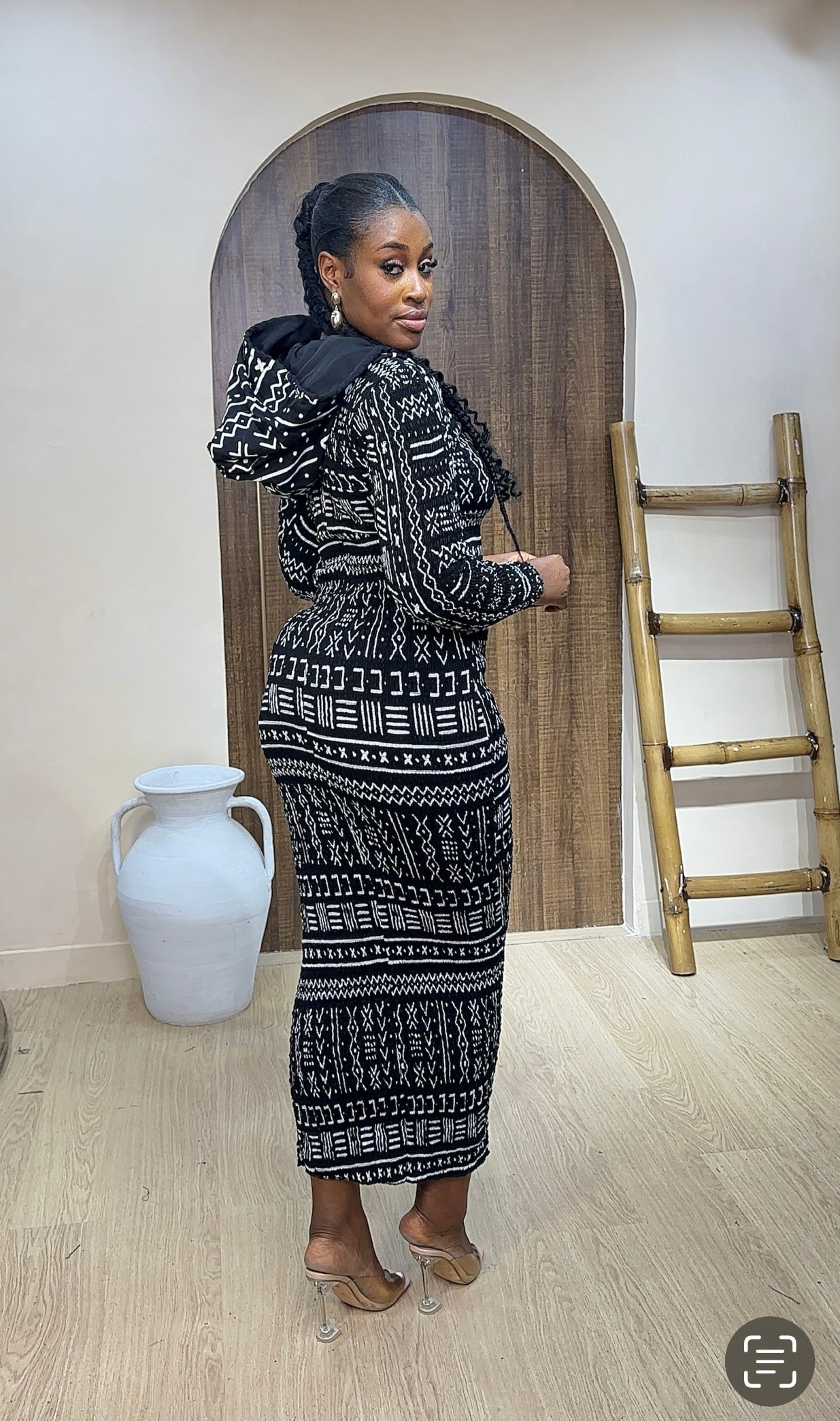 ASANTEWA AFRICAN PRINT SMOCKED HOODIE MAXI LONG SLEEVES DRESS