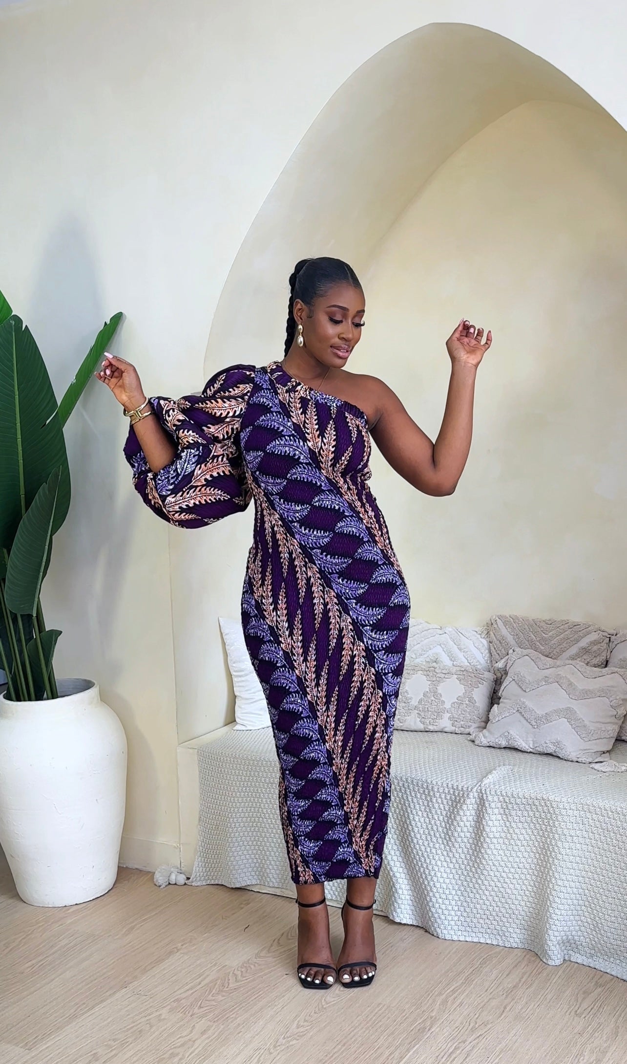 ASHANTI AFRICAN PRINT ONE SHOULDER SMOCKED MAXI DRESS