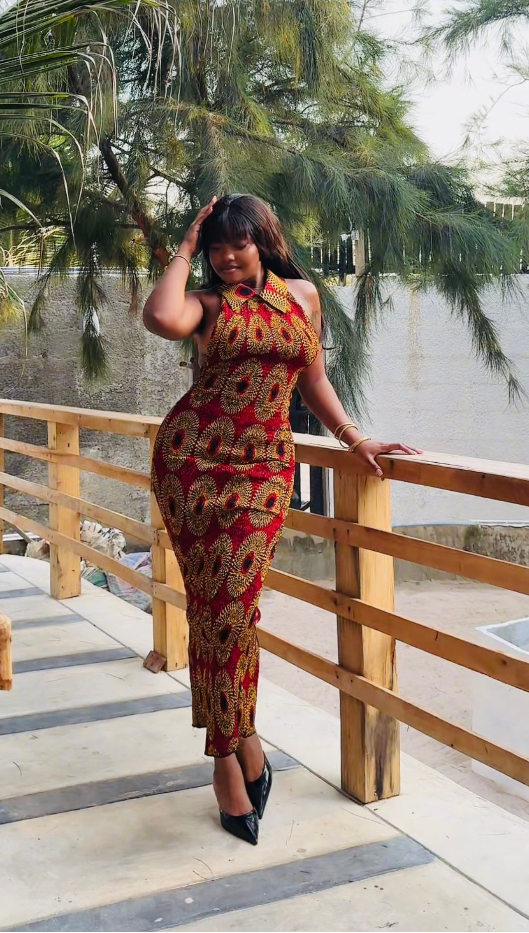 KYEKYE AFRICAN VINTAGE PRINT SMOCKED MAXI BARE BACK DRESS