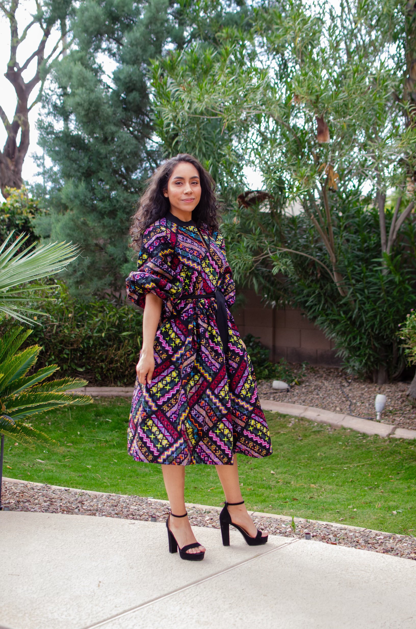 DARKOAA LONG PUFF SLEEVES AFRICAN TRIBAL PRINT MIDI DRESS