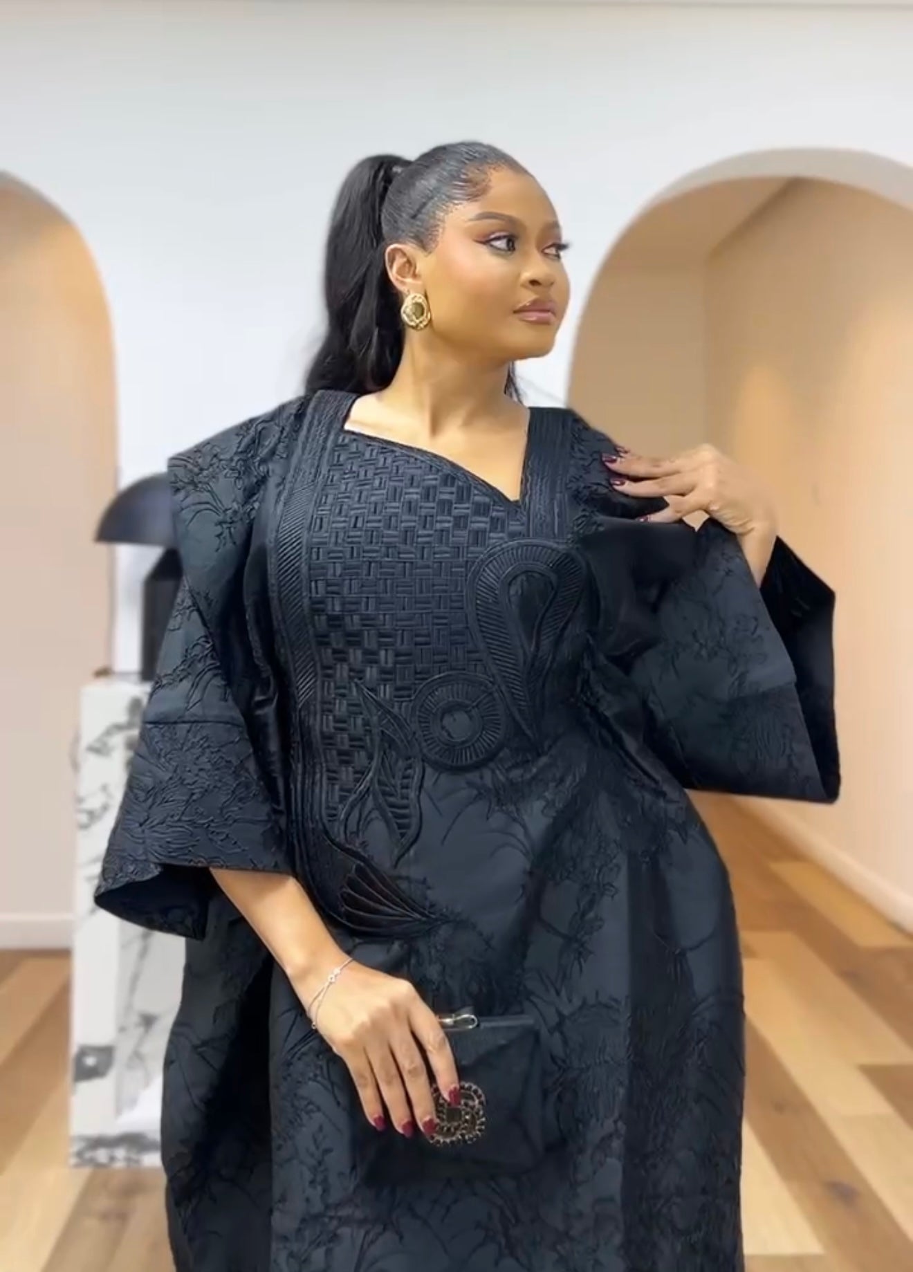 SEFINA LUXURY HANDMADE BLACK BROCADE KAFTAN BOUBOU - REGAL ELEGANCE