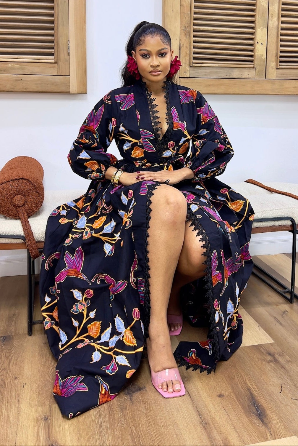 KOA  KIMONO - HANDCRAFTED IN LUXURY GOLD ANKARA PRINT - HUMMING BIRD