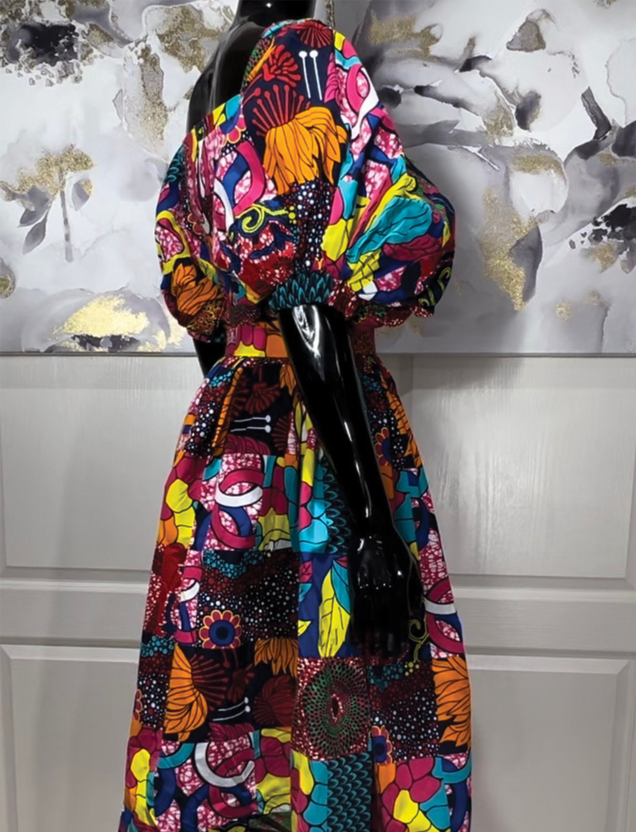 ADESUA WOMEN'S PATCHWORK AFRICAN PRINT PUFF SLEEVE BALL GOWN