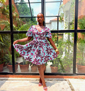 IRIS DRESS – SHORT ANKARA  PRINT FLARE DRESS WITH PUFF SLEEVES