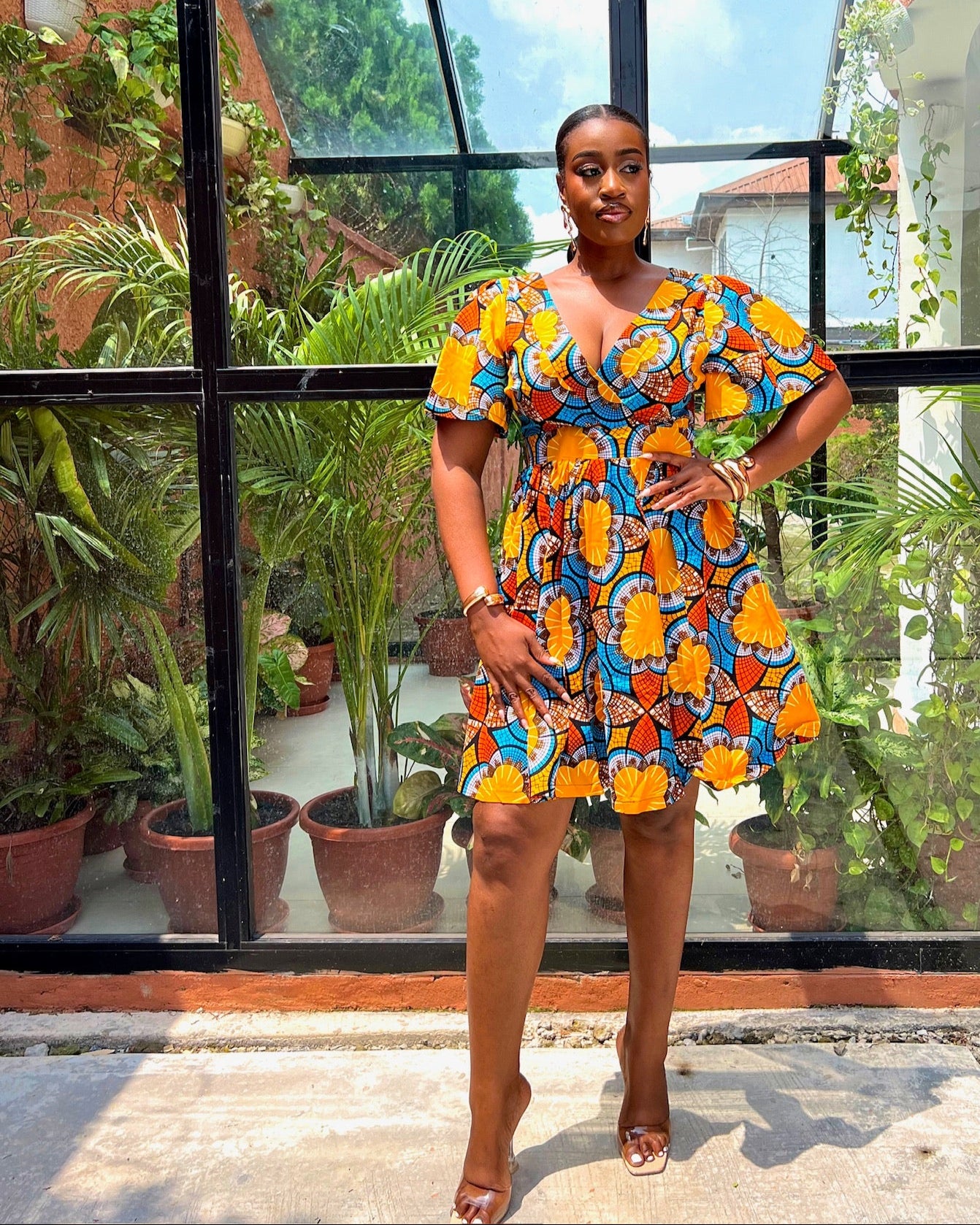IRIS DRESS – SHORT ANKARA  PRINT FLARE DRESS WITH FLARED SLEEVES