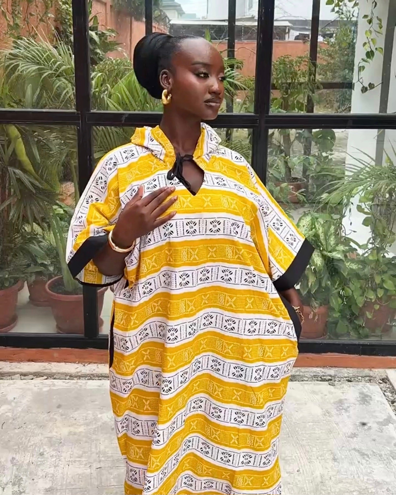 AYOKA MUSTARD & WHITE AFRICAN TRIBAL PRINT HOODIE CAFTAN