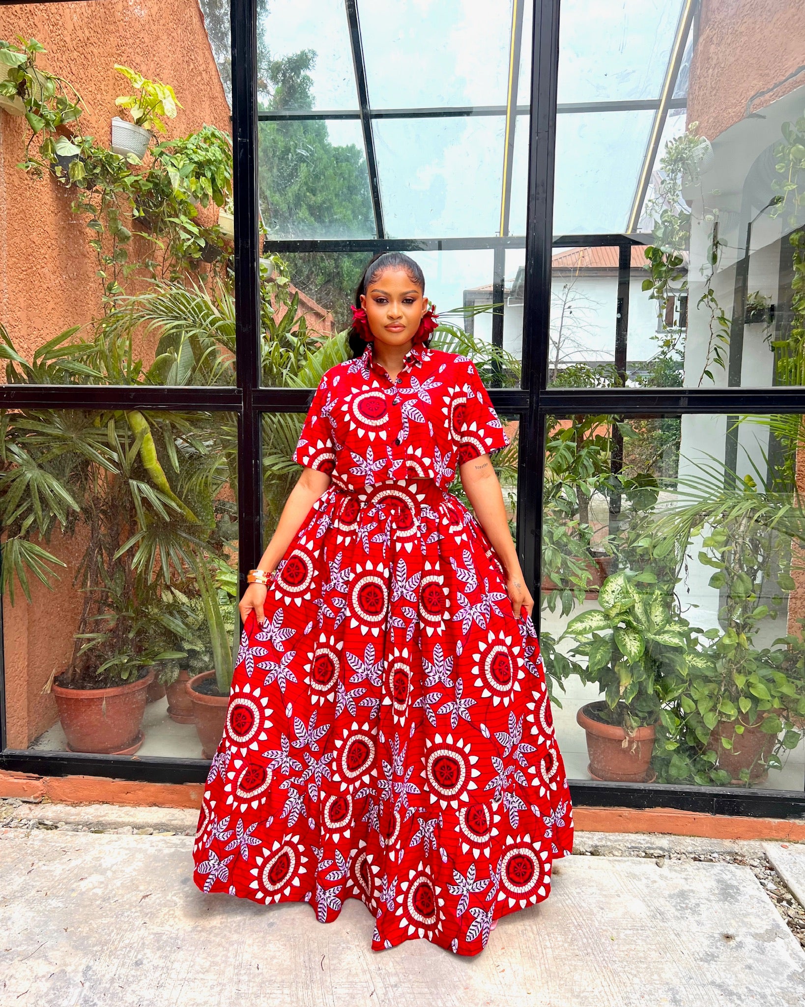 INDYA RED ANKARA PRINT SKIRT & BLOUSE SET. AFRICAN TWO-PIECE MAXI OUTFIT