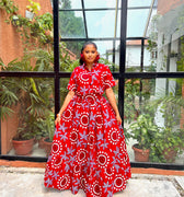 INDYA RED ANKARA PRINT SKIRT & BLOUSE SET. AFRICAN TWO-PIECE MAXI OUTFIT