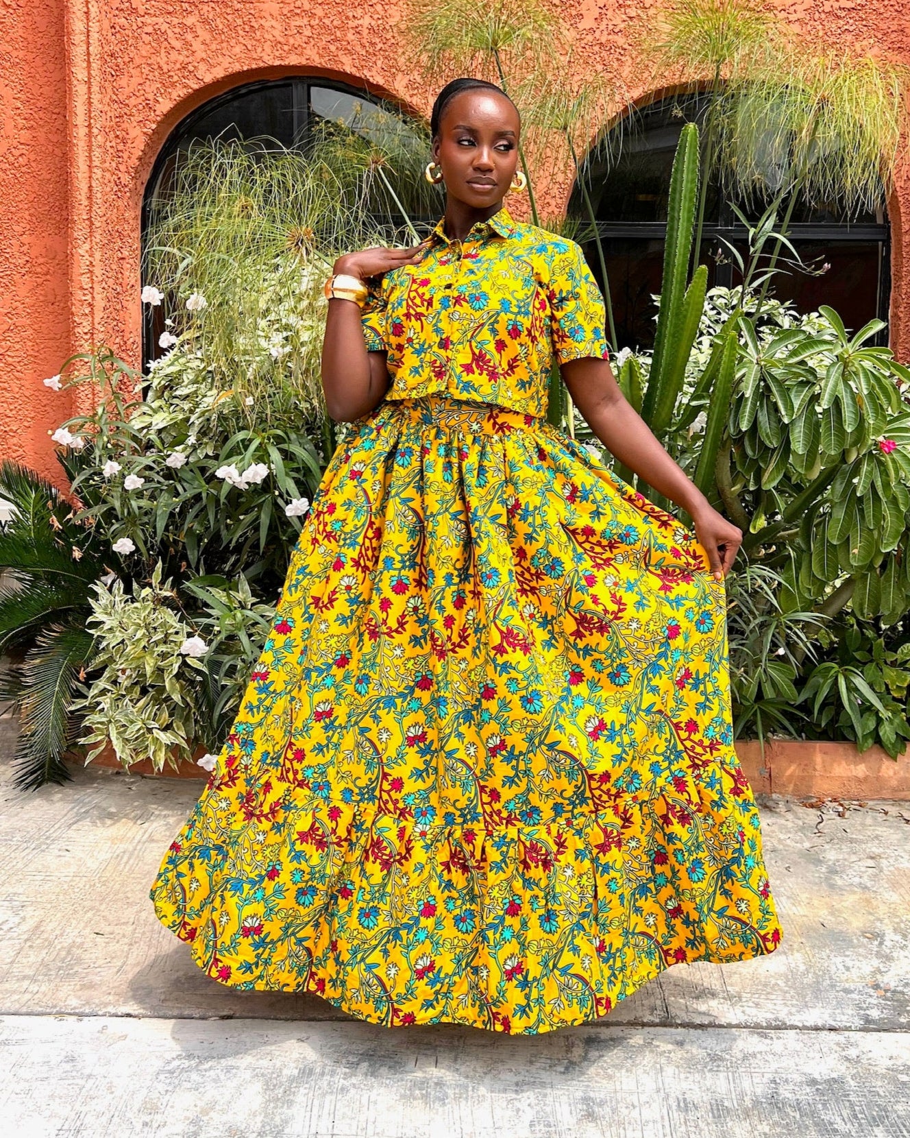 INDYA YELLOW ANKARA PRINT SKIRT & BLOUSE SET. AFRICAN TWO-PIECE MAXI OUTFIT