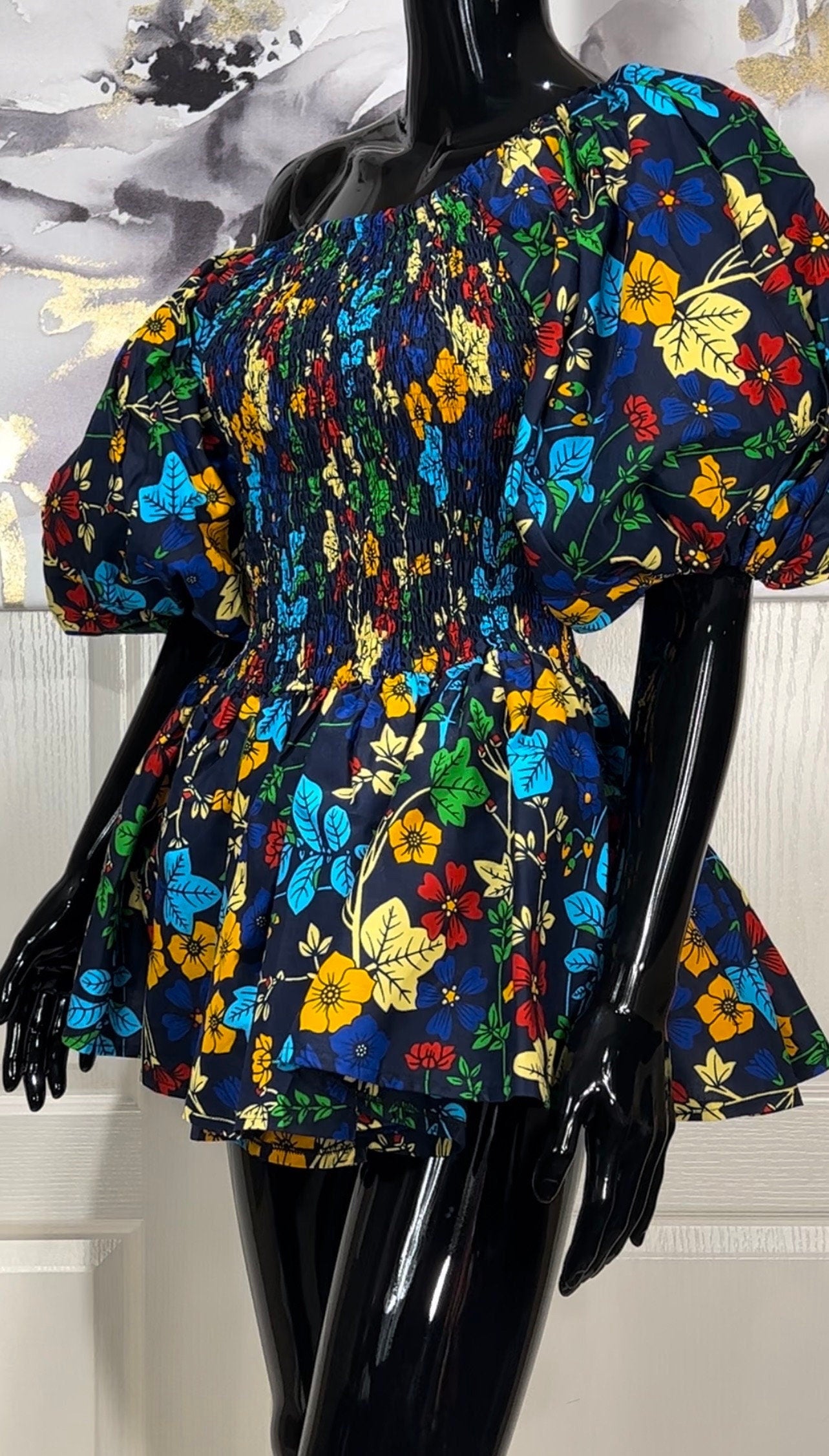 SAFARA WOMEN'S AFRICAN PRINT SMOCKED FLORAL PUFF SLEEVE TOP