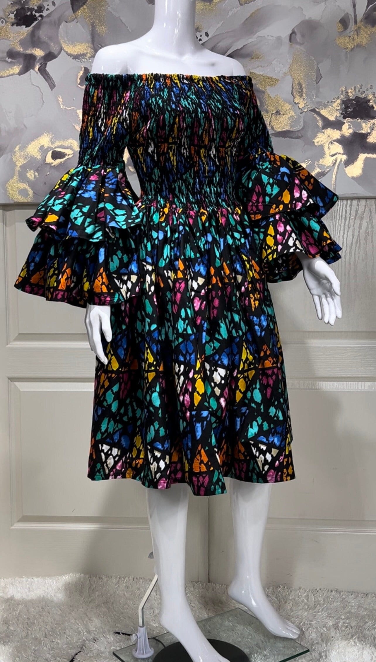SADE WOMEN'S AFRICAN PRINT SMOCKED BODICE FLARED SLEEVE DRESS