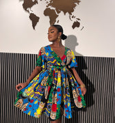 IRIS WOMEN'S AFRICAN PRINT PATCHWORK FLARED MINI DRESS